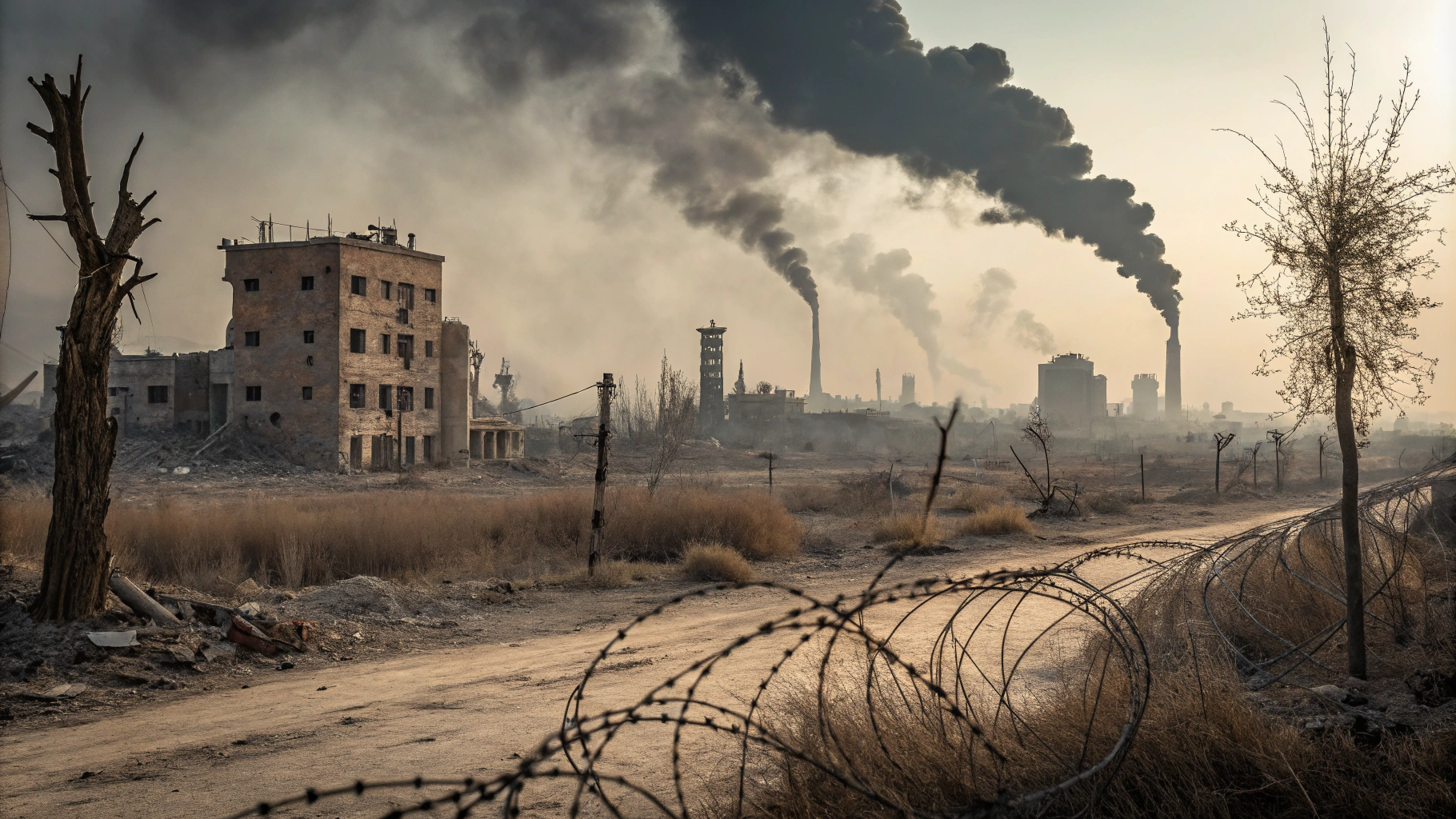 AI generated image by Red Panda AI: Create a propaganda-style illustration depicting the themes of war, pollution, and climate change.