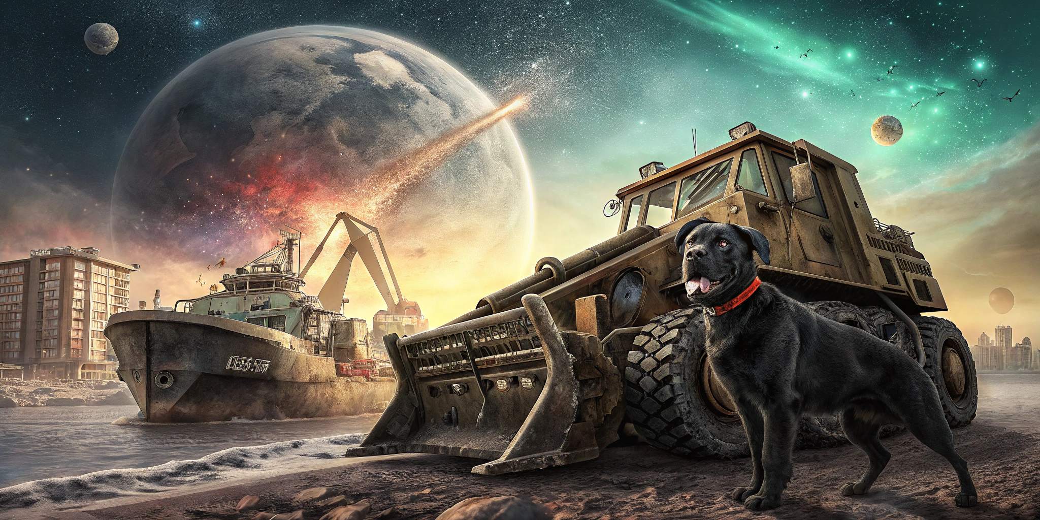AI generated image by Red Panda AI: quiero una excavadora estilo madmax que este en la caleta de cádiz luchando contra un labrador negro con planetas xplotando de fondo