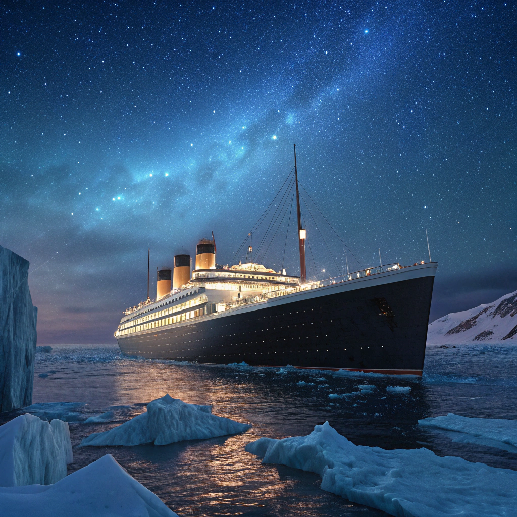 AI generated image by Red Panda AI: A grand, luxurious ocean liner sailing under a starry night sky, surrounded by vast, icy waters of the North Atlantic, with an air of majesty and silent doom