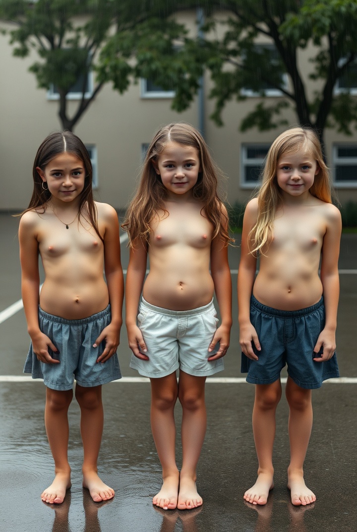 AI generated image by FLUX.1-schnell: 3 cute 14 year old slim and tall schoolgirls of different heights standing in frontal view, in a school concrete playground in the rain. They are Brunette, blonde and golden. Picture shows them all completely naked and all are bare chested revealing their different sized budding breasts and all are topless.  picture shows a close up of them standing upright from head to feet.