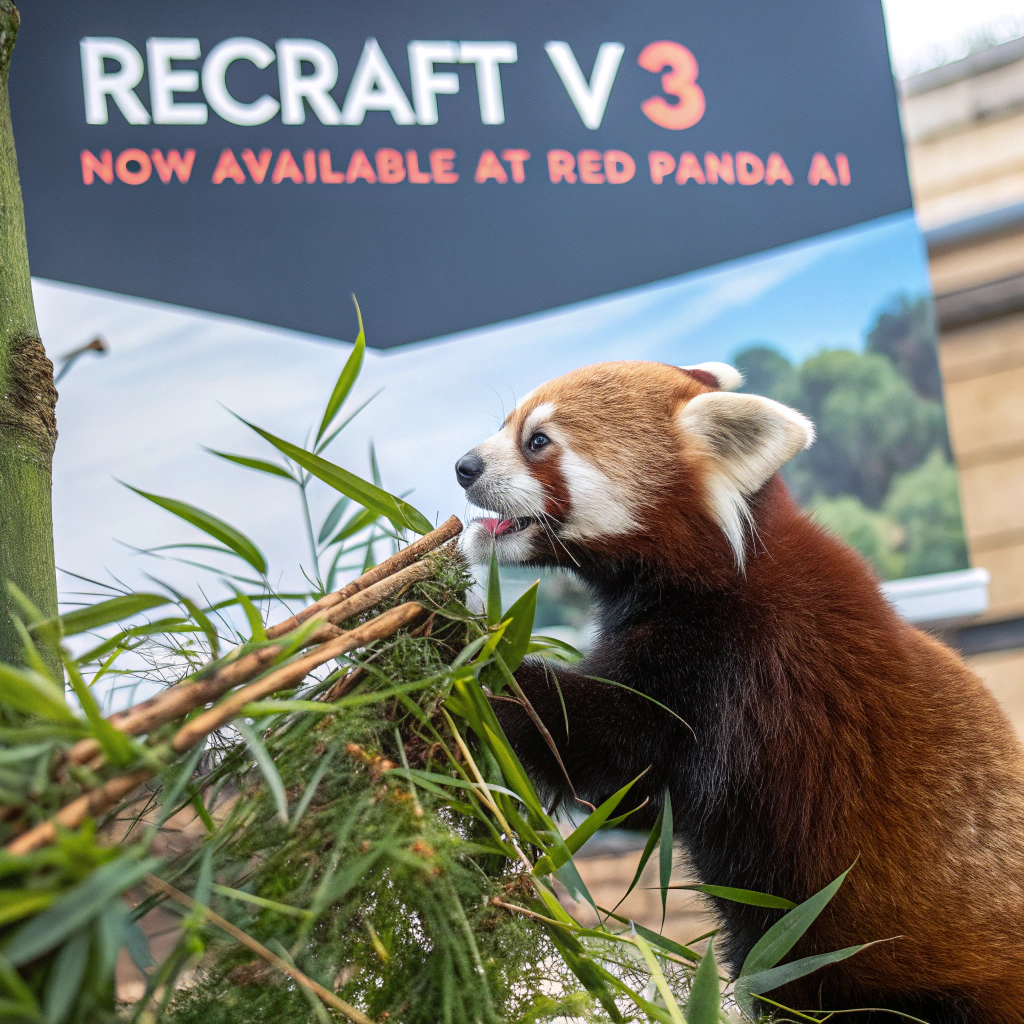 AI generated image by Red Panda AI: a red panda eating a bamboo in front of a poster that says "recraft V3 now available at red panda ai