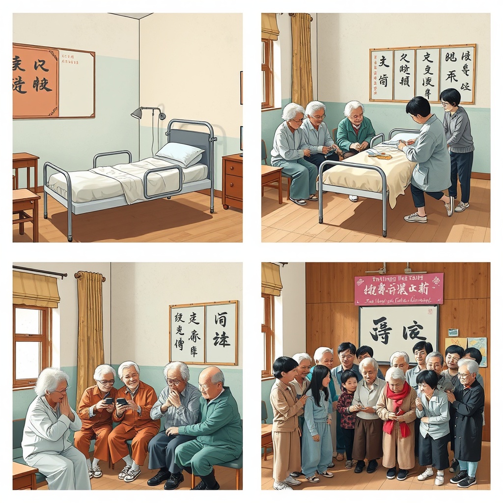 AI generated image by FLUX.1-schnell: This [FOUR-PANEL] image illustrates a group of elderly Chinese students are learning how to provide elderly care in an old classroom; [TOP-LEFT] the teacher next to the nursing bed demonstrates how to take care of the elderly, [TOP-RIGHT] they are observing the teacher demonstrating how to take care of the elderly, [BOTTOM-LEFT] some of them tried it out, while others took photos with their phones to record it, and [BOTTOM-RIGHT] they gathered together to thank the teacher.