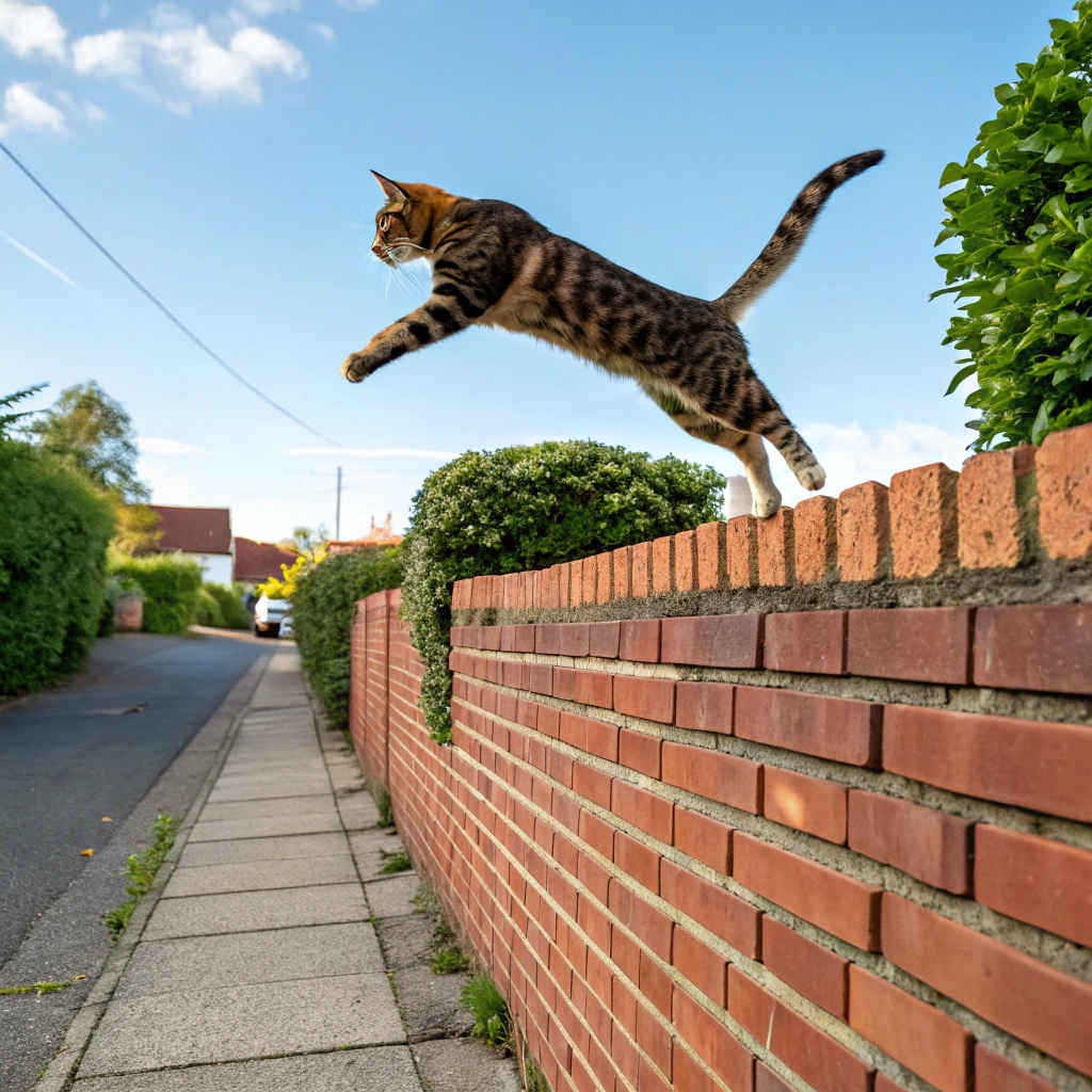 AI generated image by Red Panda AI: cat jumping over a brick wall