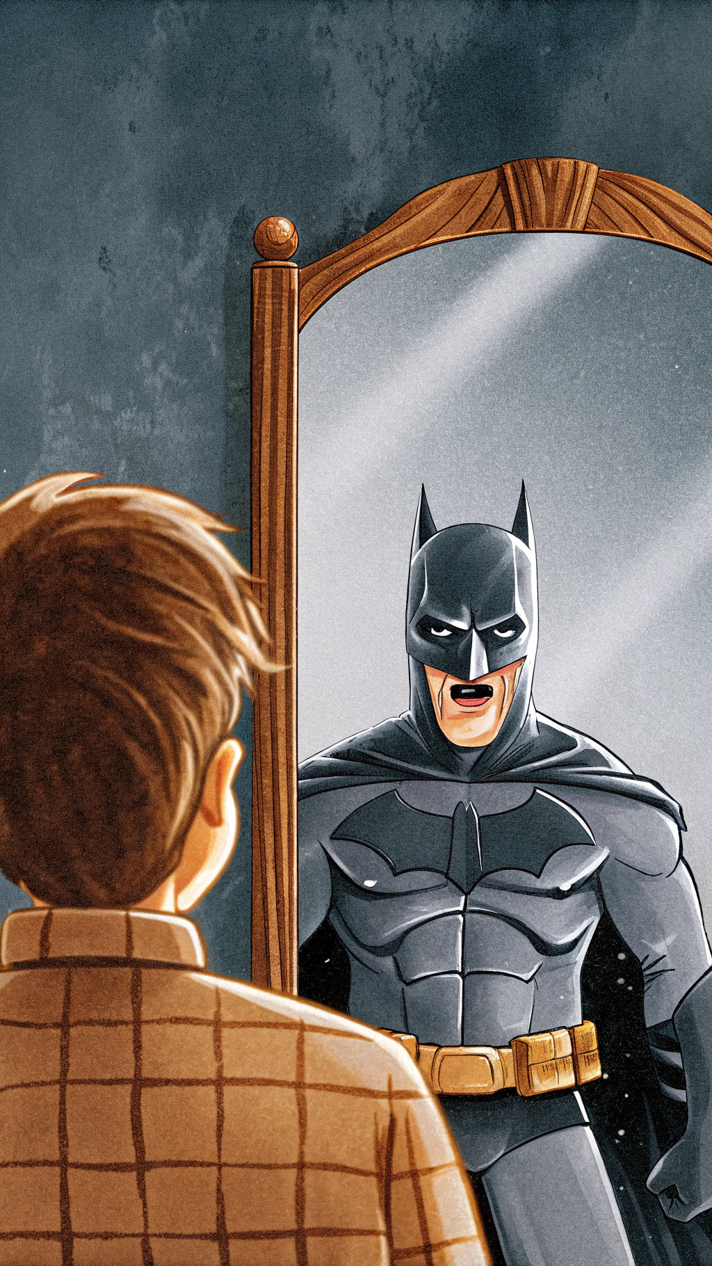 AI generated image by Red Panda AI: batman looking at himself in the mirror but instead See's himself as a traumatized child with darkness and depression around with no justice.