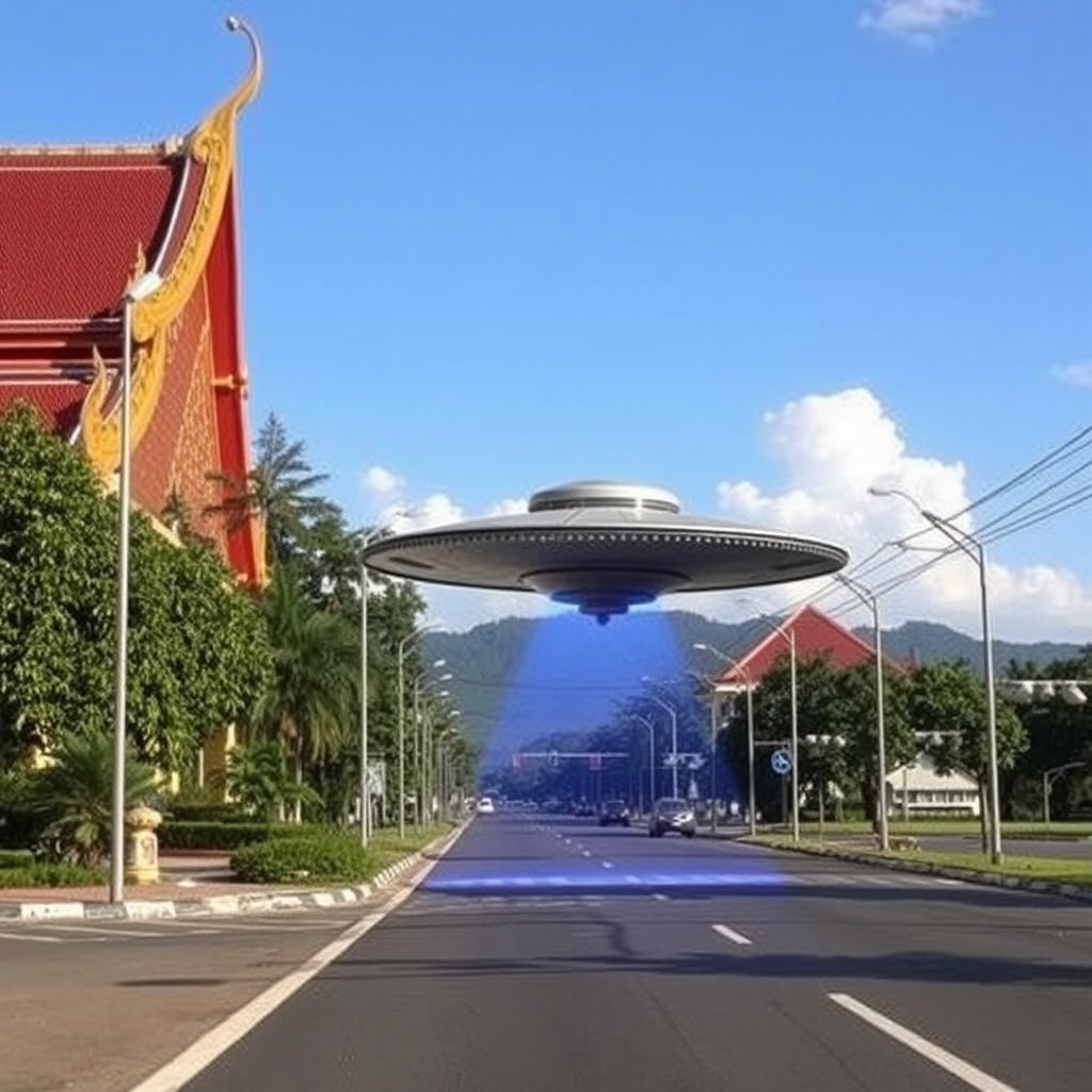 AI generated image by FLUX.1-schnell: UFO landed on the road in the center of Chiang Mai