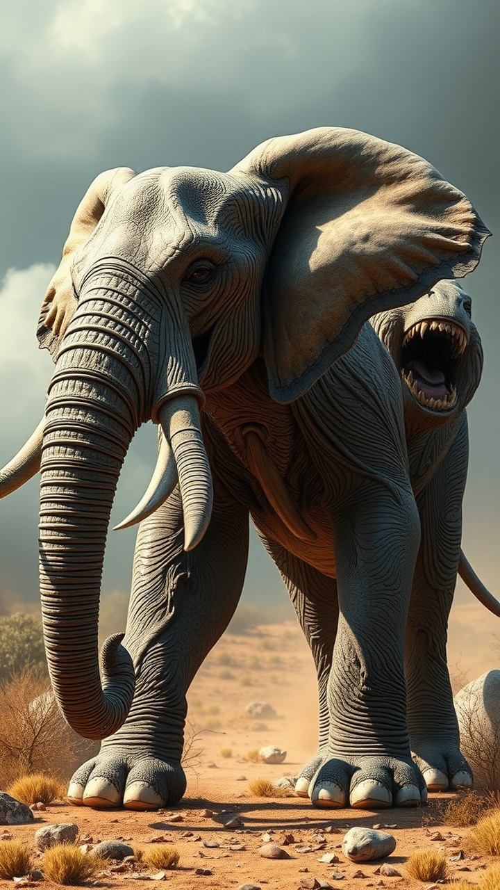 AI generated image by FLUX.1-schnell:  Crée un animal hybride entre Éléphant et Loup en fusionnant les caractéristiques physiques des deux animaux. Ce nouvel animal doit sembler énorme et dangereux, tout en restant crédible et organique. Il doit être dans une posture offensive, prêt à bondir ou attaquer, et doit paraître encore plus redoutable dans son environnement. Accorde une attention particulière sur leurs caractéristiques dangereuses comme des piques, des grosses dents etc… aux textures, à la lumière, et à l’environnement, qui doit refléter un milieu naturel où l’hybride pourrait évoluer. Choisis une condition météorologique qui doit correspondre à l’atmosphère dramatique et dangereuse de chaque scène (orage, tempête, nuageux, neige, chaleur désertique). 