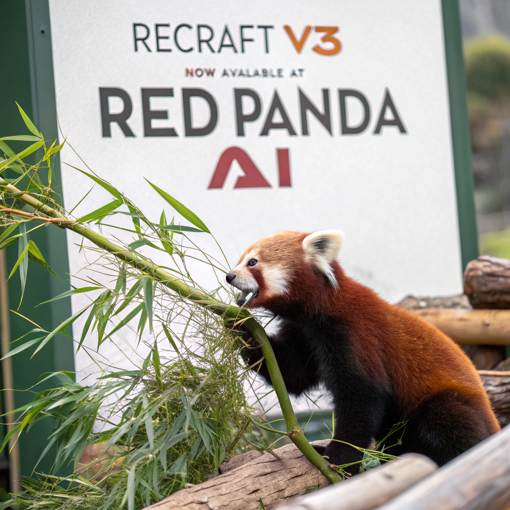 AI generated image by Red Panda AI: a red panda eating a bamboo in front of a poster that says "recraft V3 now available at red panda ai