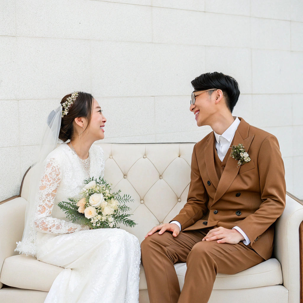 AI generated image by Red Panda AI: 一張坐在白色沙發白色新娘咖啡色新郎坐著的照片正面亞洲人