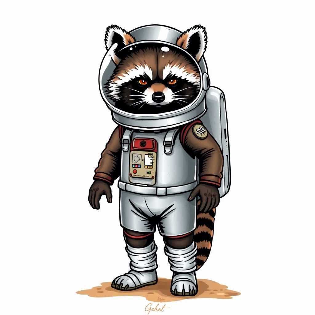 AI generated image by FLUX.1-schnell: Raccoon astronaut, wearing a trashcan as a spacesuit, tattoo style