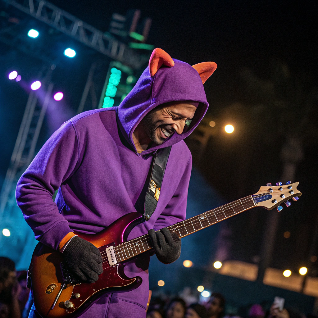 AI generated image by Red Panda AI: A man as Swiper from Dora the Explorer as a rock guitar player