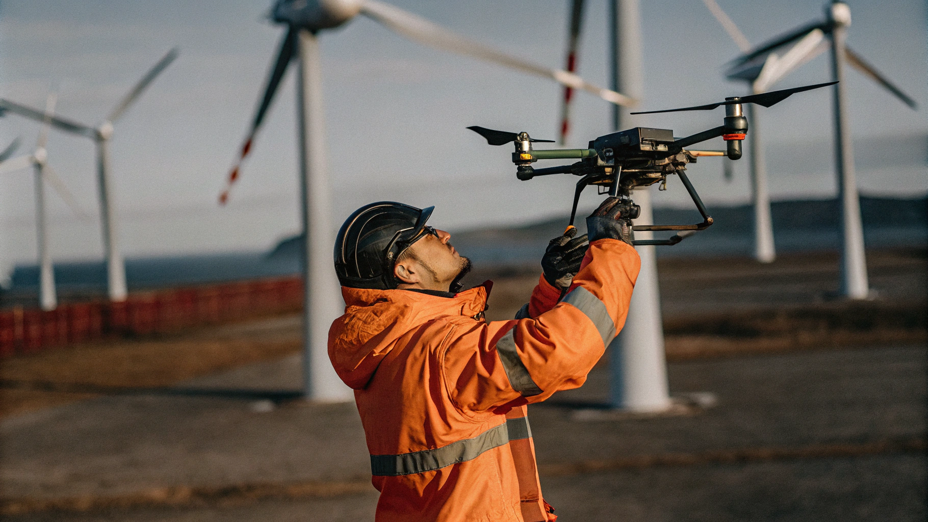 AI generated image by Red Panda AI: A technician who is a drone pilot working in Norway on a windfarm performing drone inspections of windturbine's blades using DJI M350 drone and P1 camera installed on the drone and in the background there are many other windturbines in the same windpark located by the fjord.