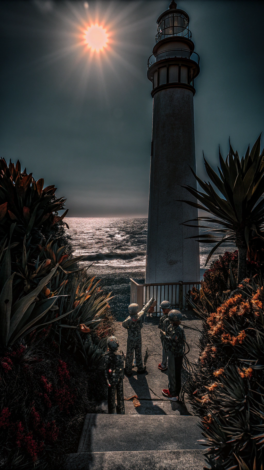 AI generated image by Red Panda AI: Lighthouse with robots, sun and plnats, wonderful waves of ocean