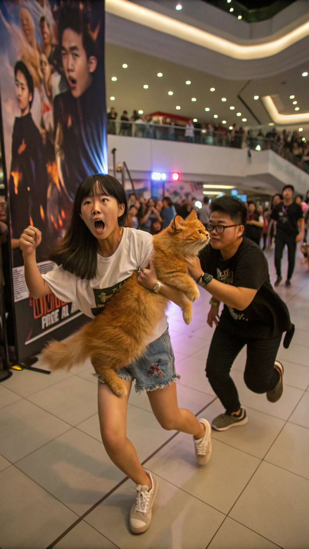 AI generated image by Red Panda AI: A chaotic mall scene where a cute Asian girl carrying an orange Persian cat gets accidentally bumped by an enthusiastic fan running toward a boy band concert. The girl is falling slightly, her expression shocked, as her cat leaps from her arms in fright, darting into the crowd. The fan, dressed in fan merch, looks apologetic yet focused on the concert. The background captures the busy mall atmosphere with fans and concert posters. Dramatic lighting and motion blur convey the commotion and the cat's startled reaction