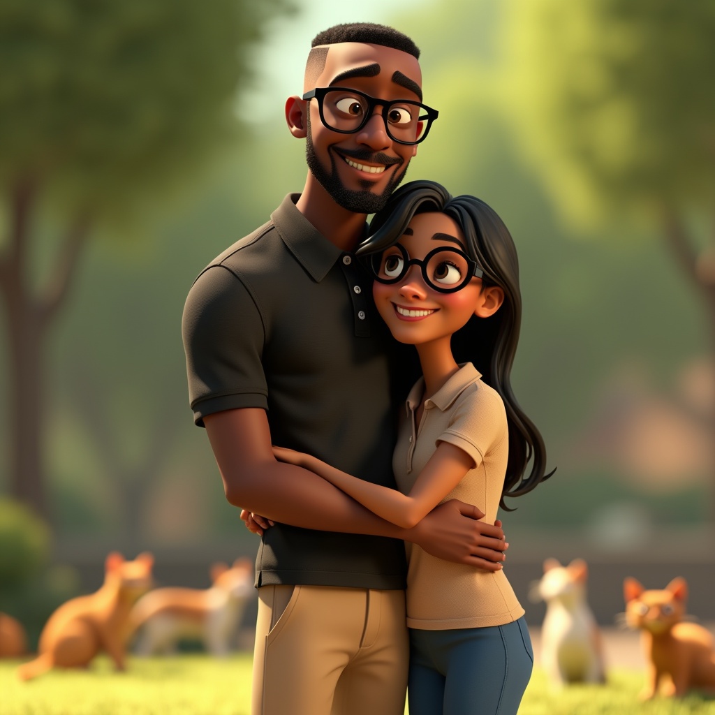 AI generated image by FLUX.1-pro:  Pixar-style 3D rendered animated medium shot of a tall young black-skinned man with black glasses, thick eyebrows with a buzz cut hair, beard and mustache, wearing a black polo shirt and beige pants. Hugging him is a small young brown woman smiling with long black hair, thin glasses, wearing a beige polo shirt and blue pants. The background is park with cats