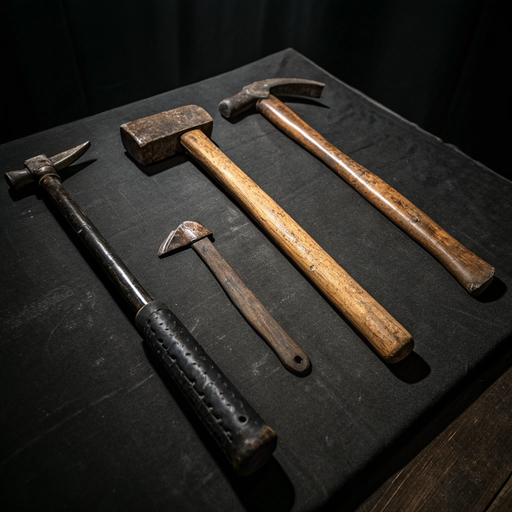 AI generated image by Red Panda AI: three torture tools on a dark table seen from the top, black background
