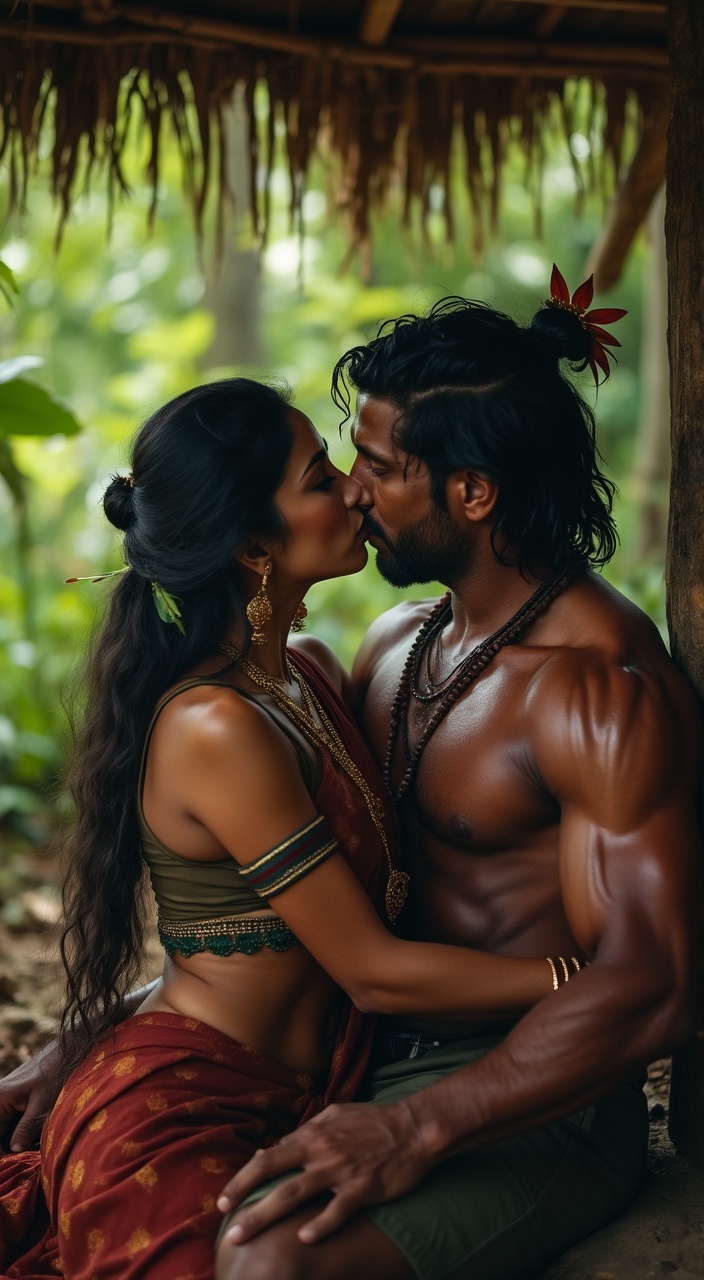 AI generated image by FLUX.1-pro: A beautiful Indian lady passionately kissing a muscular man in a hut in a deep jungle