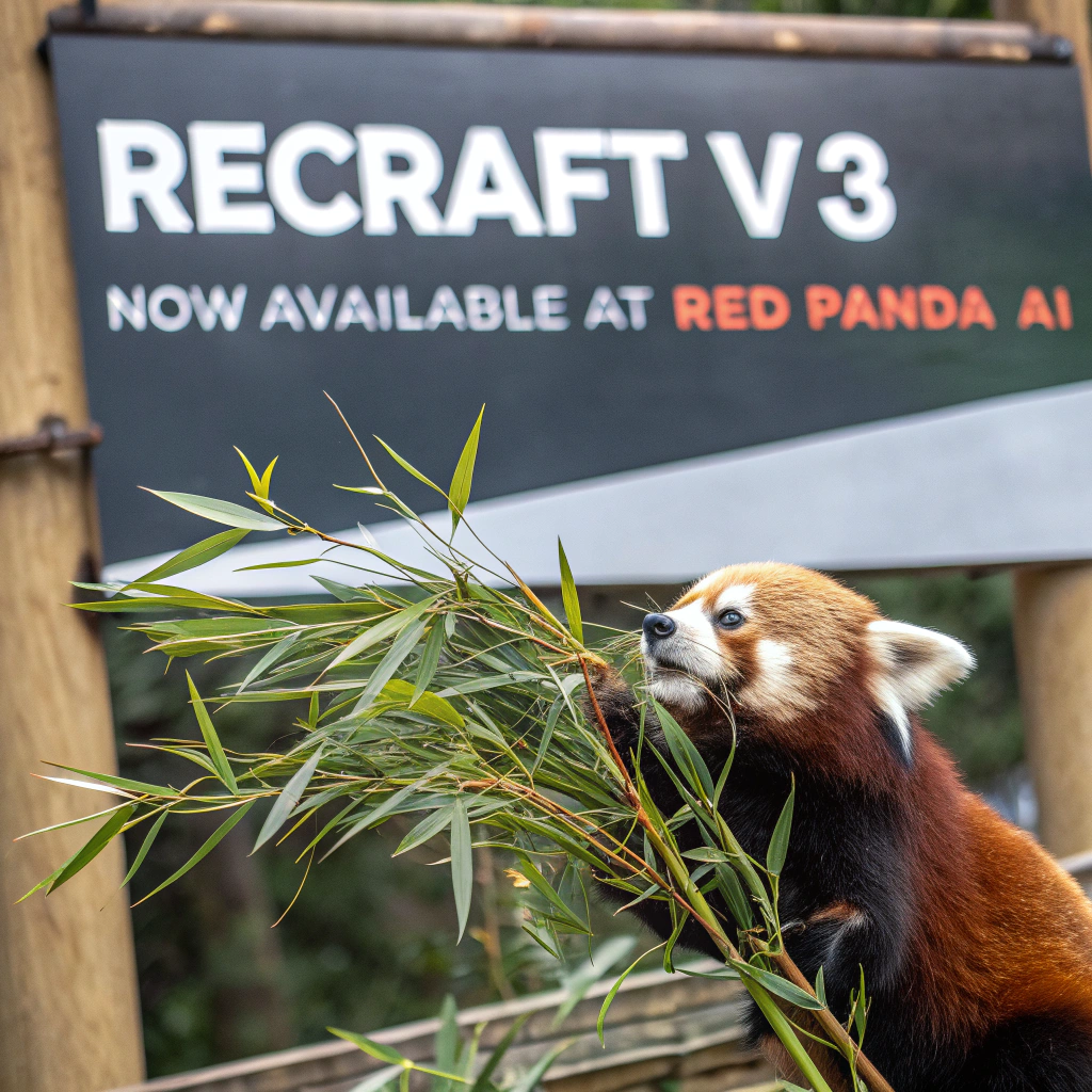 AI generated image by Red Panda AI: a red panda eating a bamboo in front of a poster that says "recraft V3 now available at red panda ai