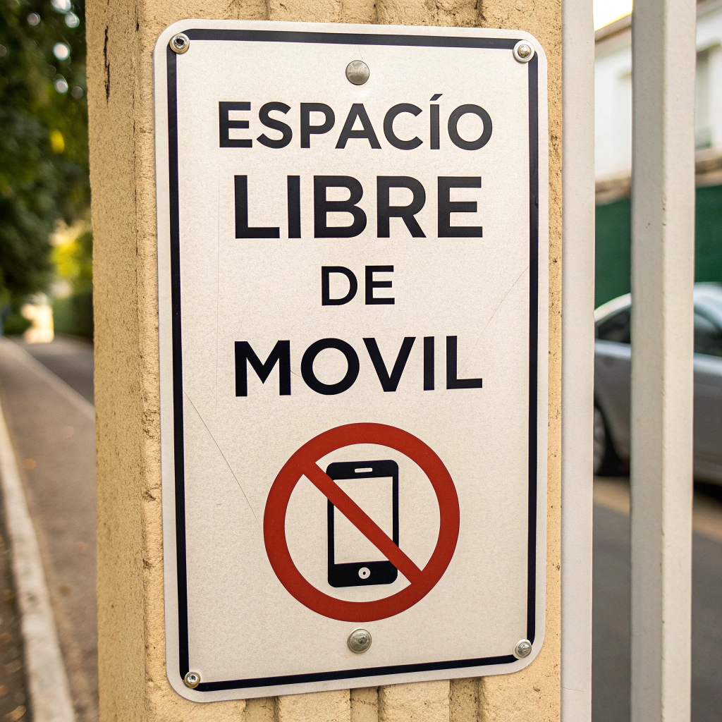 AI generated image by Red Panda AI: CARTEL: ESPACIO LIBRE DE MÓVIL con señal de prohibido y un smartphone