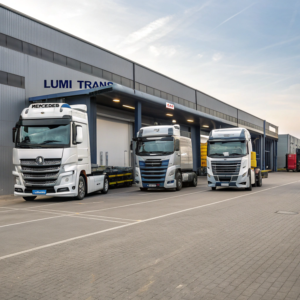 AI generated image by Red Panda AI: Trucks Mercedes , Volvo and Daf , transport and logistic company "LUMI TRANS " ,road transport and warehouse 