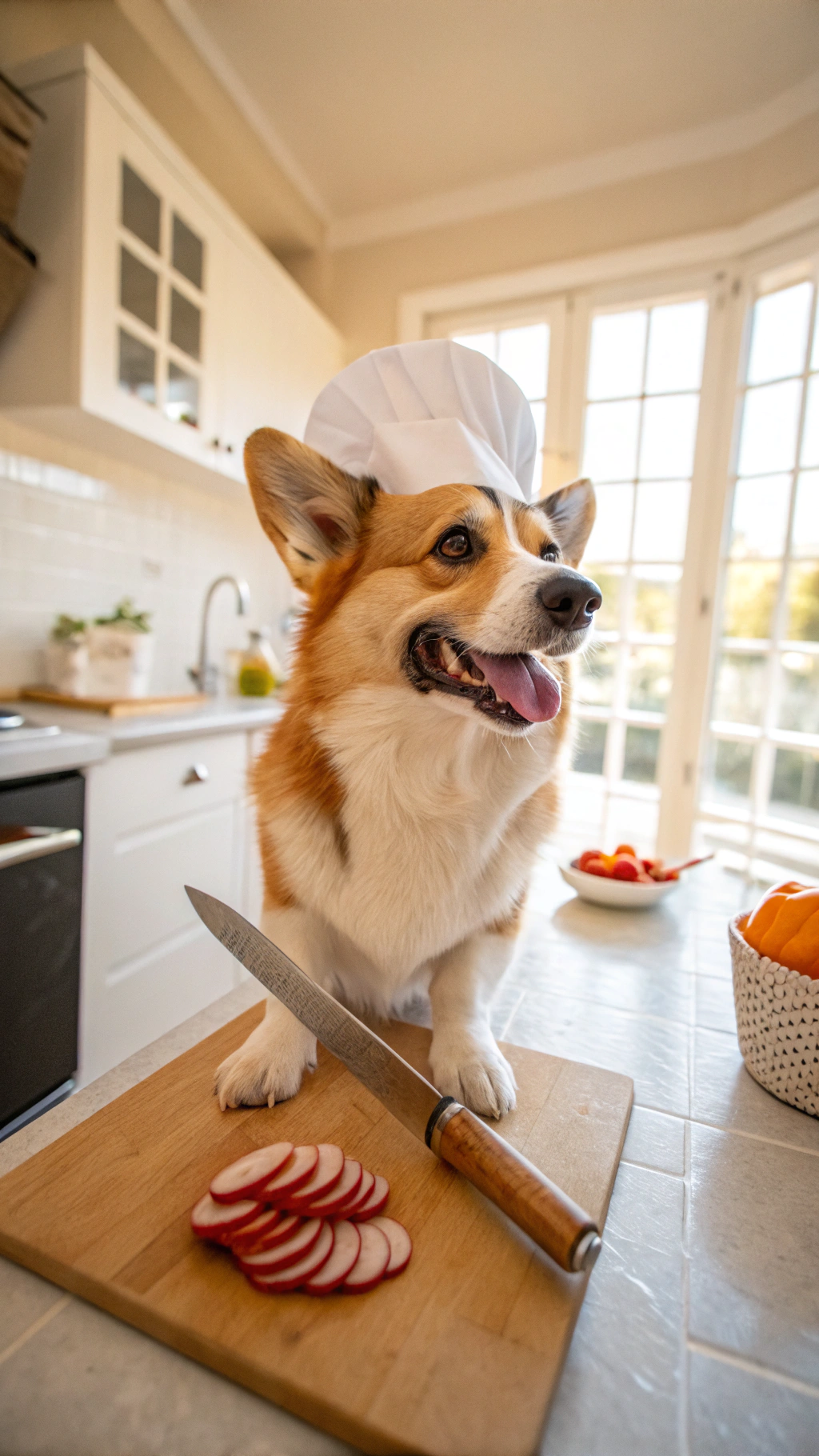 AI generated image by Red Panda AI: wide angle iphone video of a smiling standing corgi wearing a white chef's hat, gripping a knife with one paw and slicing into a sausage. Corgi is standing in an american suburban kitchen during the day. 