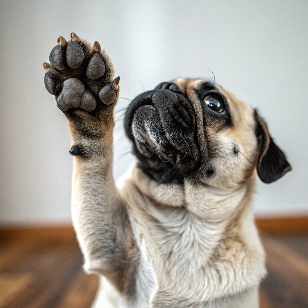 AI generated image by Red Panda AI: una pata de un pug palma arriba
