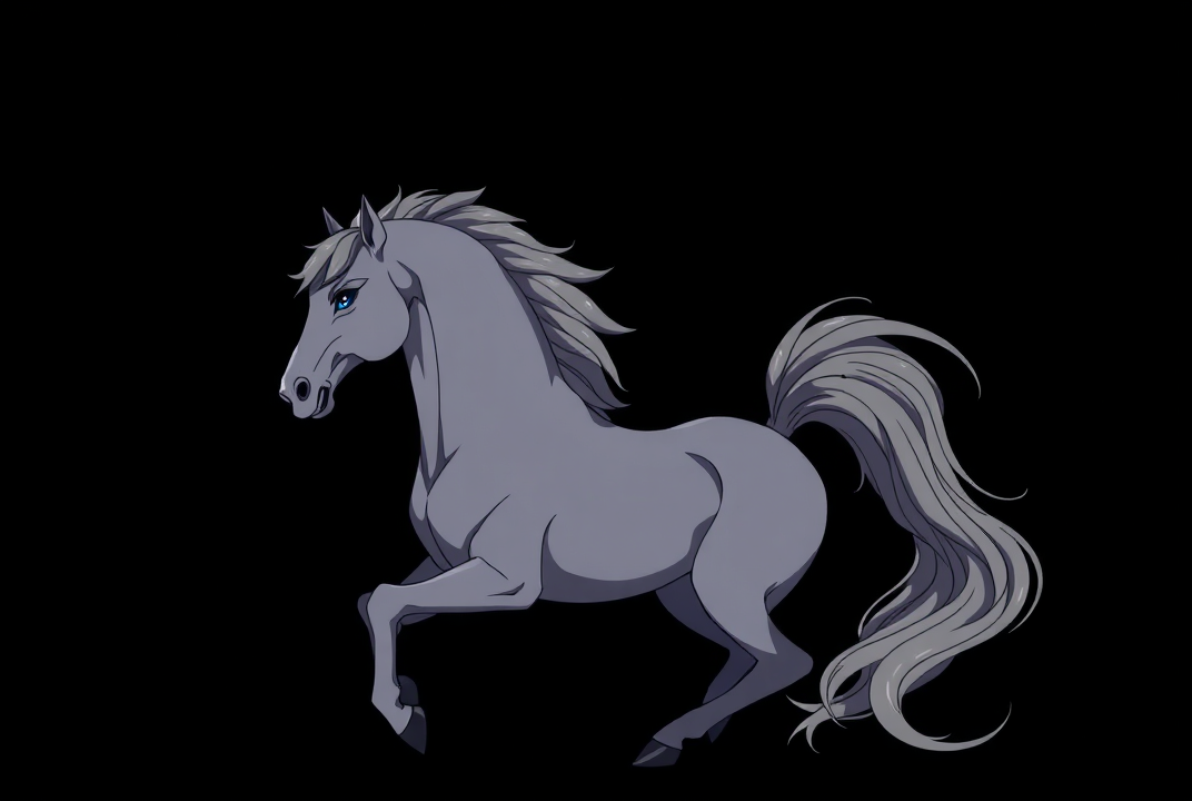 AI generated image by FLUX.1-schnell: Isolated black background A majestic gray anime  horse rearing up against a dark, swirling background.