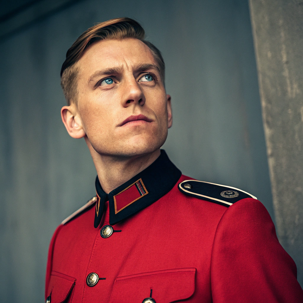 AI generated image by Red Panda AI: portrait of a proud man, 3-quarter-view, bold, blue eyes, wearing a red stylish elegant shirt. the image is reminescent of the men from WW2, germany, military officers. photo taken with an iPhone posted on Instagram, no-filter