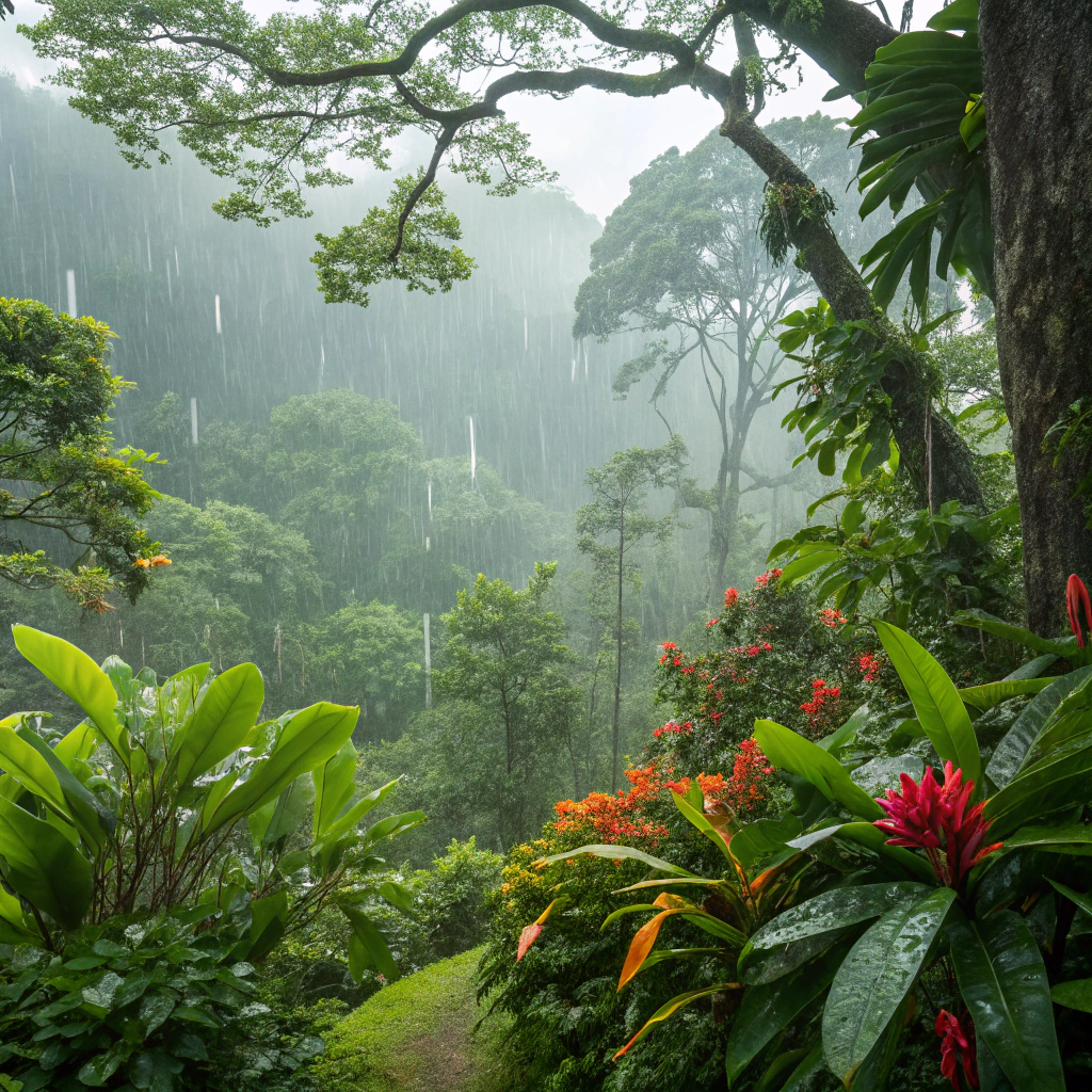 AI generated image by Red Panda AI: bosque lluvioso muy bonito con lluvia