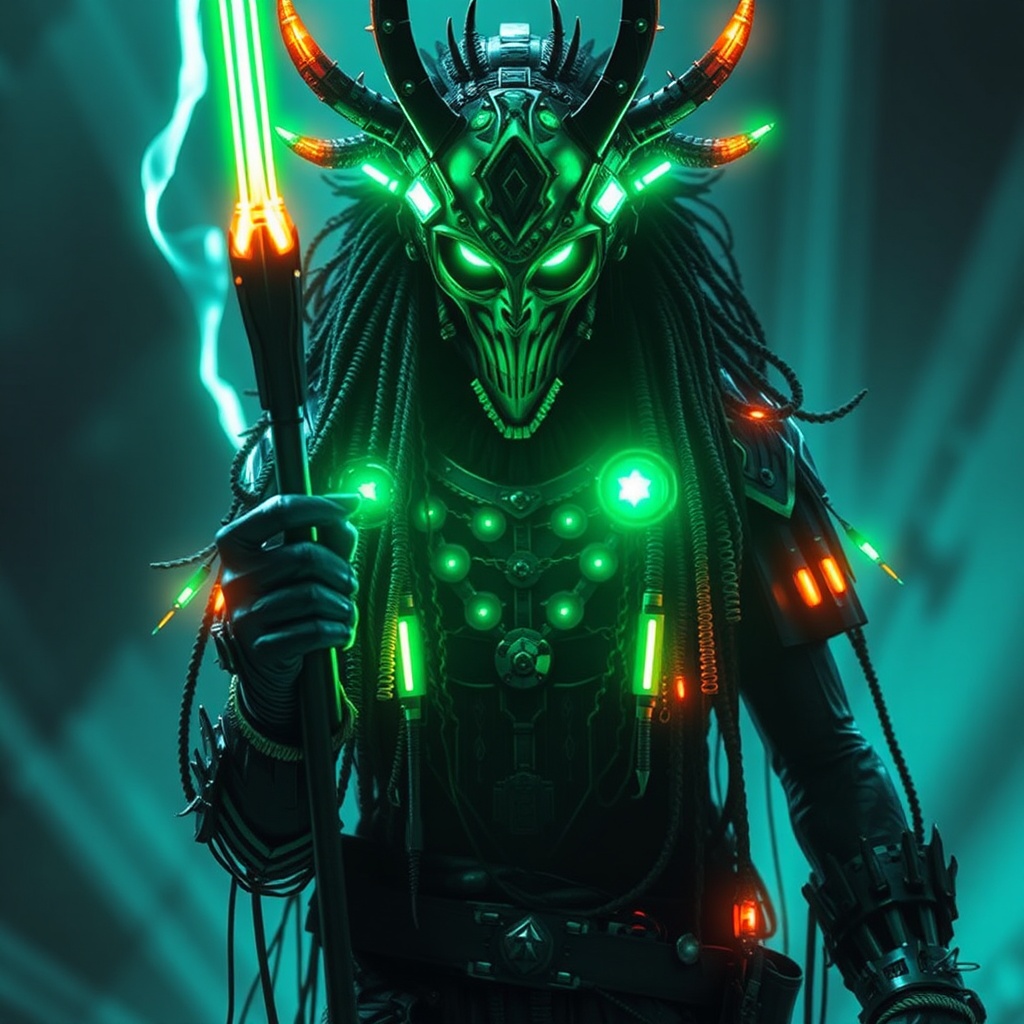 AI generated image by FLUX.1-schnell: Cyberpunk emu shaman