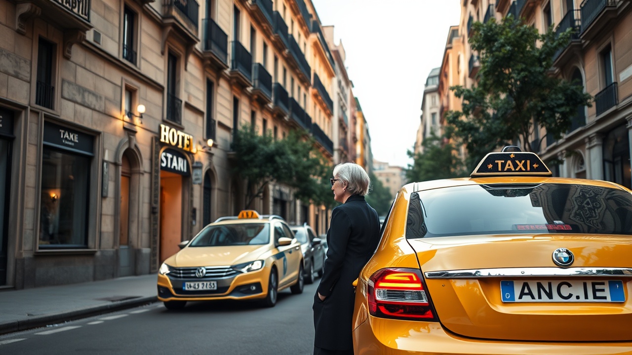 AI generated image by FLUX.1-schnell: crear imagen de una calle con un taxi de Barcelona aparcado frente a un hotel del que baja una señora elegante de unos cuarenta años y se queda frente al hotel mirándole de espaldas a la calle