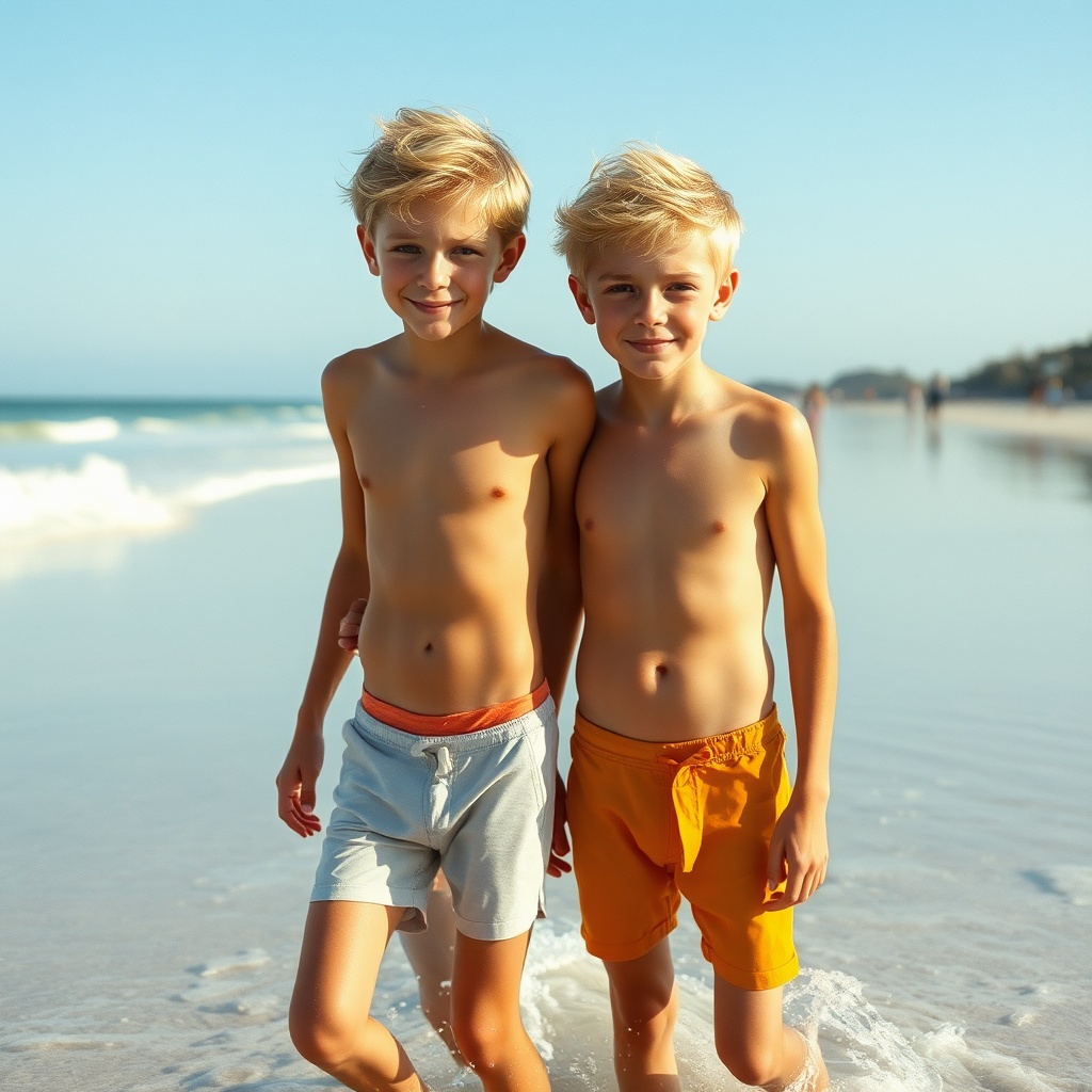 AI generated image by FLUX.1-schnell: deux garçons blond de huit ans s'enlassant à la plage