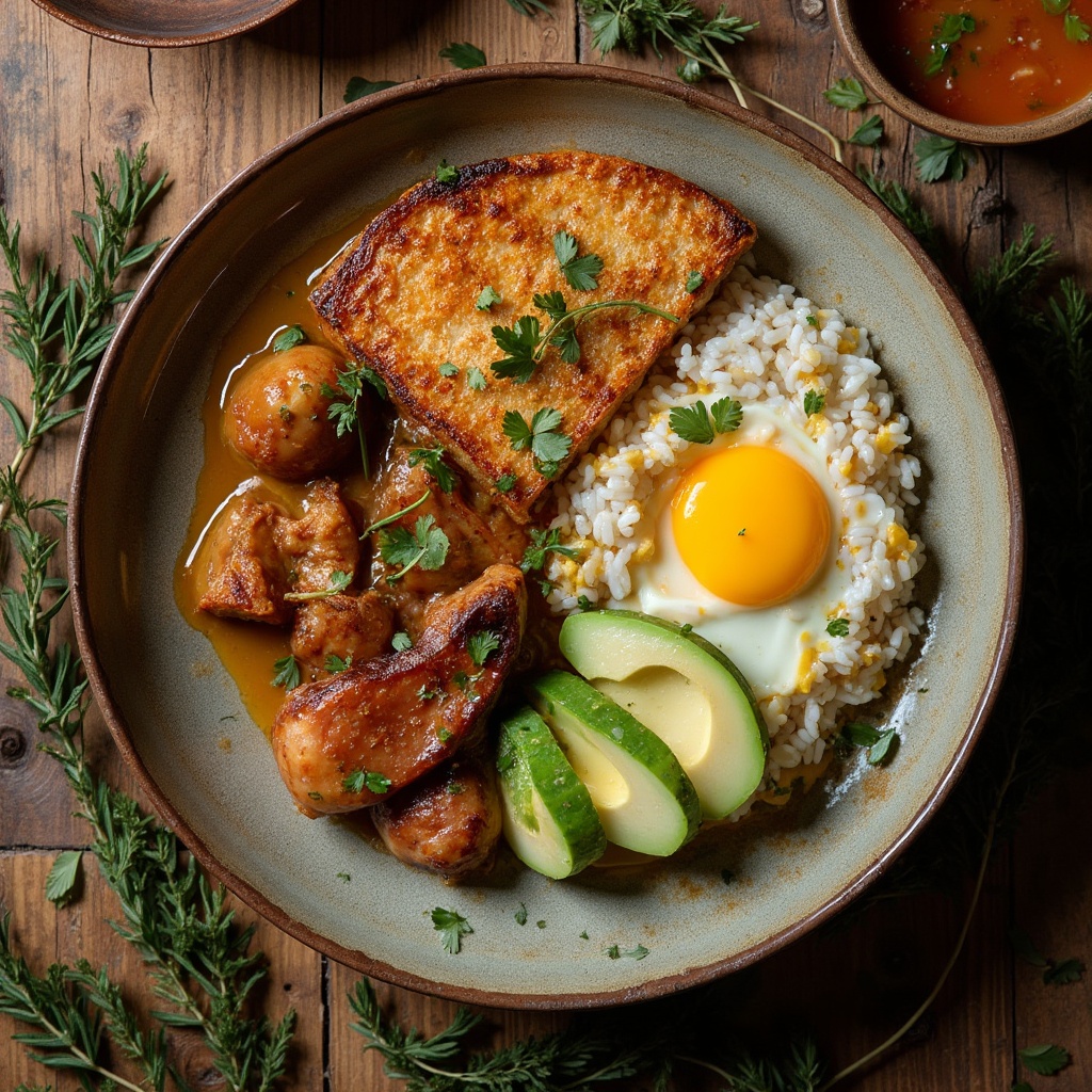 AI generated image by FLUX-Realism-Lora: Un plato servido en un entorno rústico con un fondo de madera natural y vegetación difusa. La comida incluye una porción de arroz blanco perfectamente moldeado, acompañado de carne molida, un plátano maduro asado, una tajada de aguacate, un huevo frito con la yema visible, y una arepa dorada. A un lado, hay un tazón de sopa espesa con un toque de hierbas frescas encima. Los colores cálidos y el estilo de la presentación evocan la tradición y la calidez de un hogar colombiano, mientras que el fondo añade un toque fresco y natural." RECETA DE NAVIDAD Y LA IMAGEN ESTE MAS LEJANA AL PLATO

