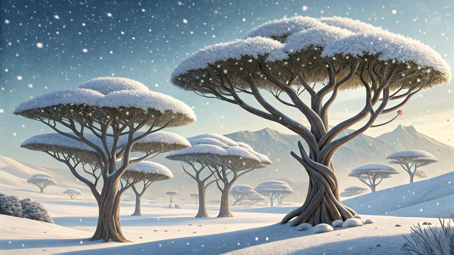 AI generated image by Red Panda AI: muchos arboles de loto en un entorno nevado 
