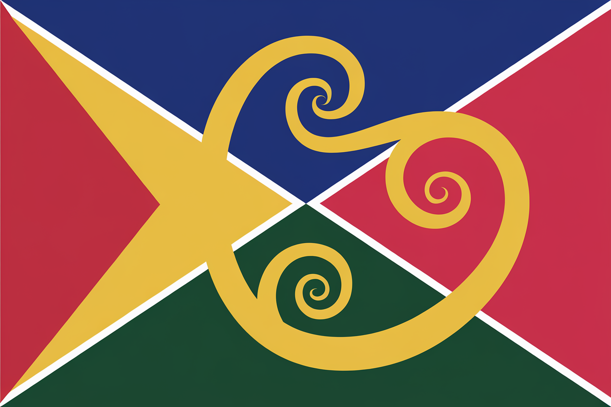 AI generated image by ideogram 2.0: A digital illustration of a flag for a non-existent country. The flag should be colorful and unusual.