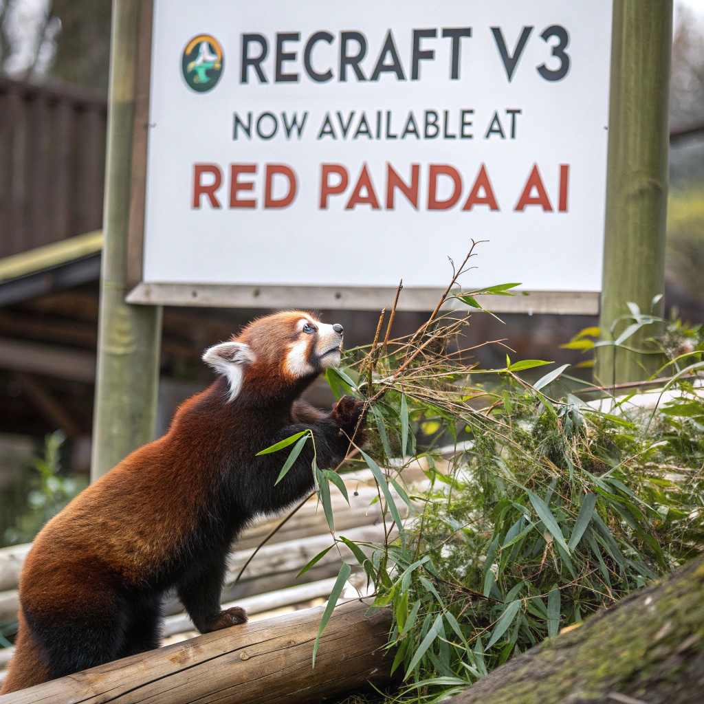 AI generated image by Red Panda AI: a red panda eating a bamboo in front of a poster that says "recraft V3 now available at red panda ai