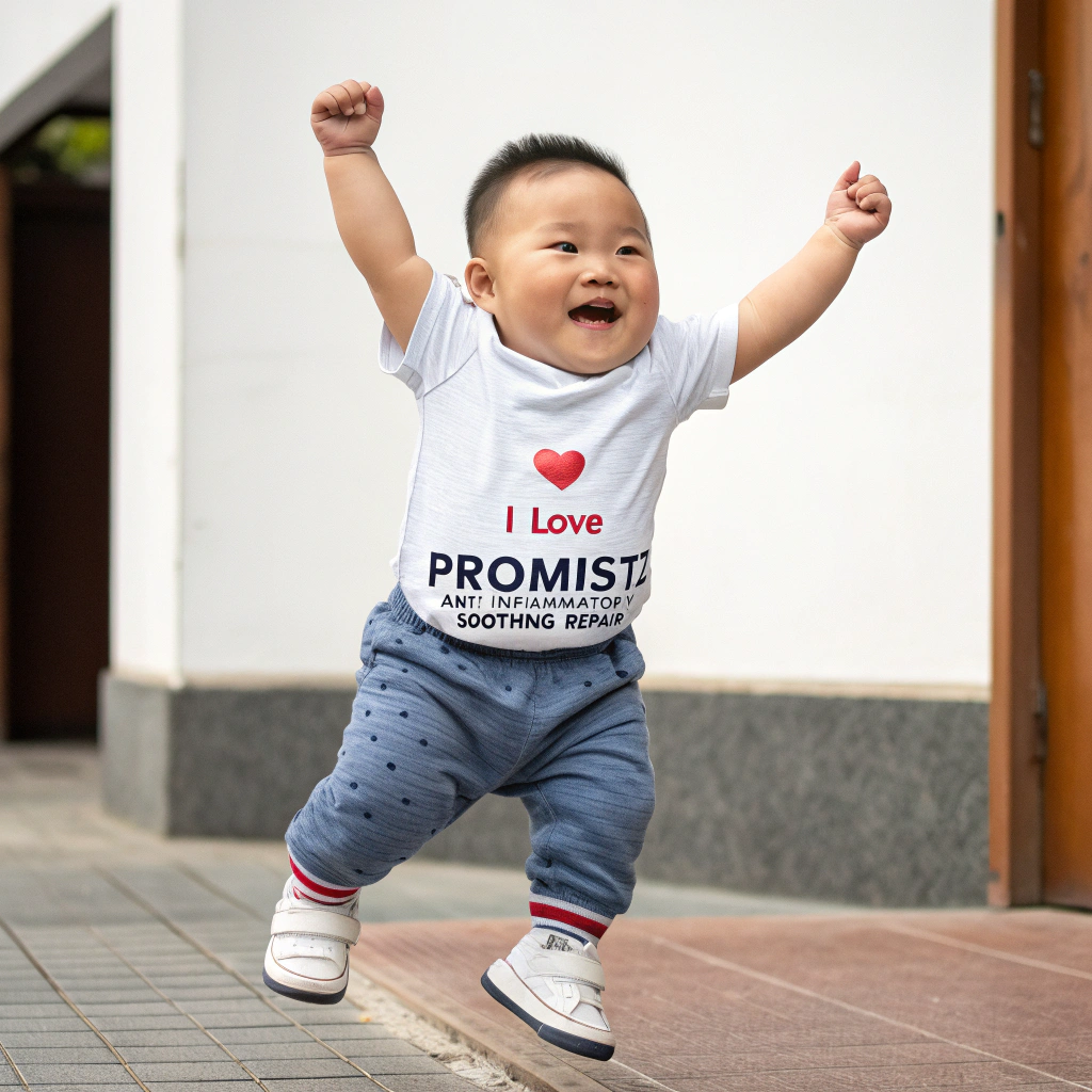 AI generated image by Red Panda AI: 三岁中国小胖子宝宝跳起来，他的衣服写着“我爱 Promistz 消炎 舒缓 修复”