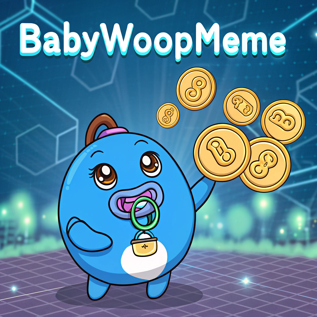 AI generated image by Red Panda AI: "Create a fun and vibrant crypto meme featuring a character named 'BabyWoopMeme', inspired by a round blue cartoon character. BabyWoopMeme holds a shiny pacifier and winks mischievously, radiating confidence and charm. The character wears imposing infinity logo-themed cradles that are the character's quintessential trademark. It's set in a futuristic digital world with neon-lit blockchain nodes and data streams glowing in the background. The scene includes cryptocurrency-related humor such as flying golden tokens and BabyWoop playfully juggling coins marked with infinity logos. The colors are bright blue, white, and neon to emphasize its technological, meme-worthy appeal."