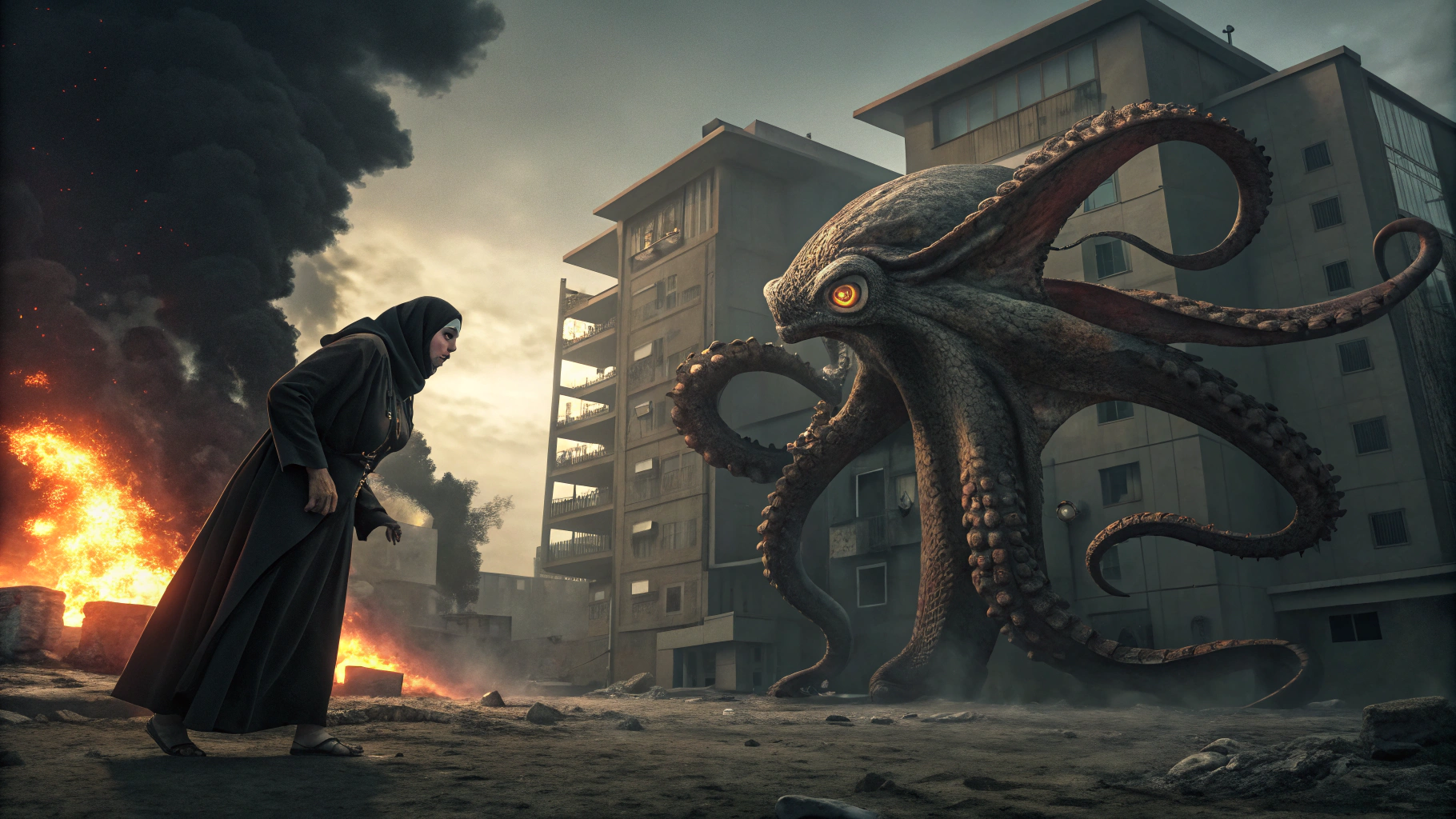AI generated image by Red Panda AI: Dark cinematic style.
 Evil giant Octopus in sweaty body, devouring an arab woman, quickly.
fire and smoke coming out of the ruined apartments in the background.
Dark Cinematic style. 