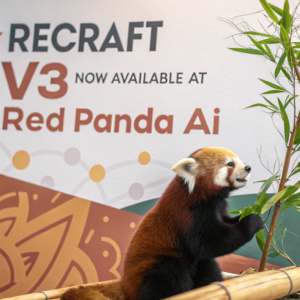 AI generated image by Red Panda AI: a red panda eating a bamboo in front of a poster that says "recraft V3 now available at red panda ai