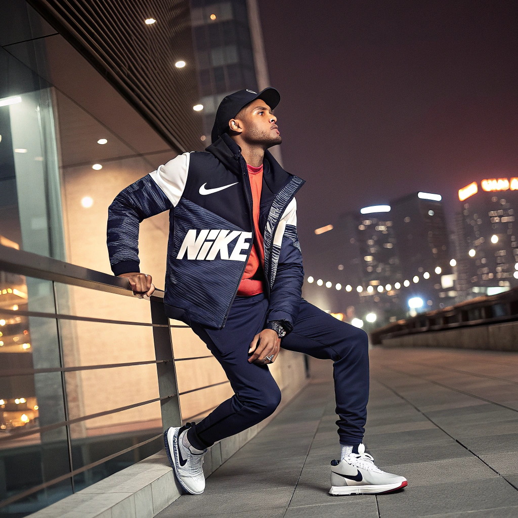 AI generated image by Red Panda AI: Make a fashion editorial which includes clothes, man, words such as nike 