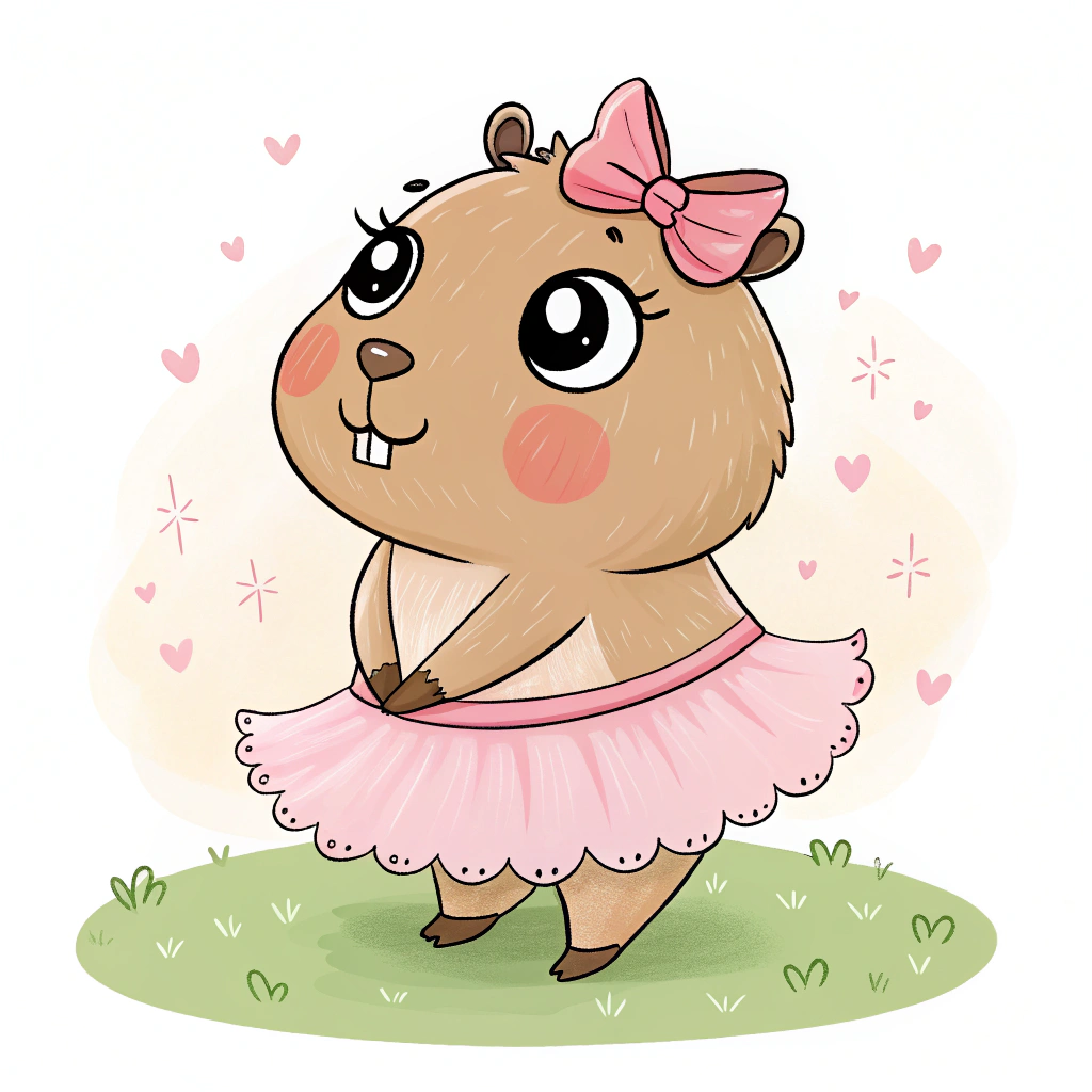 AI generated image by Red Panda AI: Female capybara wearing a tutu skirt, with a pink bow on her head, facing forward, full body. This must be a kawaii drawing.