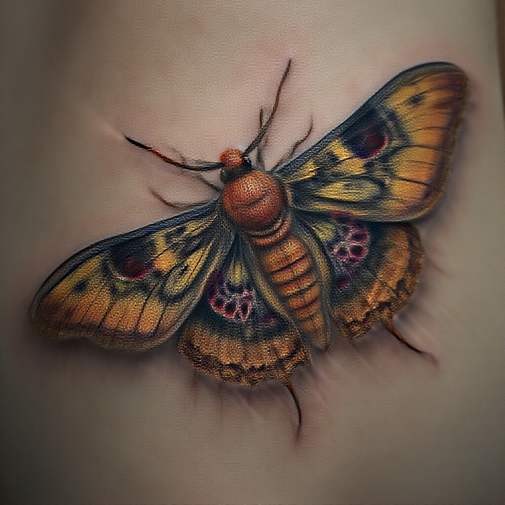 AI generated image by FLUX.1-pro: "A highly detailed Emperor’s Moth with its wings fully spread, designed in a bold yet elegant tattoo style. The wings and body of the moth contain an inlay of the album cover of To Pimp a Butterfly by Kendrick Lamar, seamlessly blended into the moth’s natural patterns. The tattoo features intricate linework, shading, and texture, making the moth look both realistic and artistic. The imagery of the album cover is integrated naturally within the wings, ensuring it is recognizable but does not overpower the moth’s form. If space allows, the phrase ‘We gon’ be alright’ is subtly incorporated into the design, following the curve of the wings or placed near the moth’s body in a timeless, impactful font. The overall composition balances bold contrast and fine detail, ensuring a dynamic and visually striking tattoo that looks impressive both from a distance and up close.”