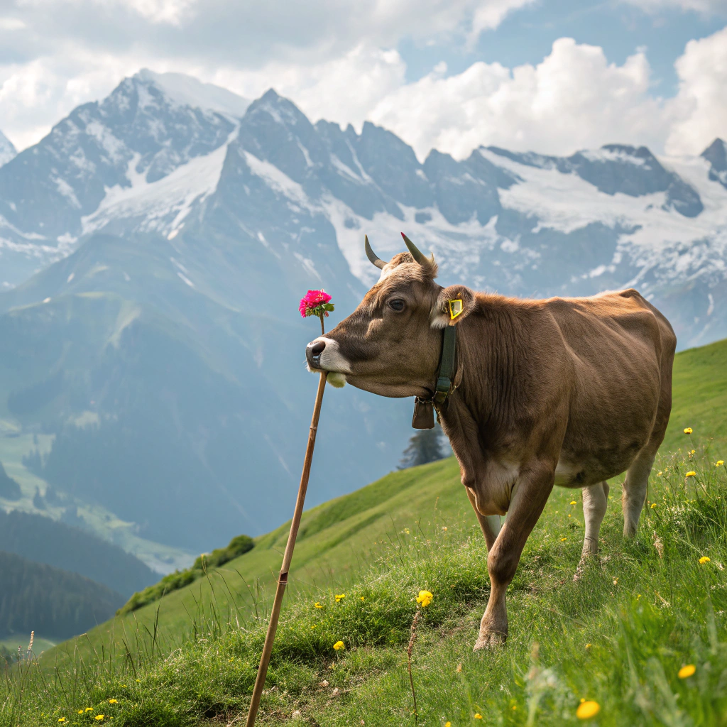 AI generated image by Red Panda AI: Sur le Mont Tendre en Suisse, une vache comme celle du chocolat Milka avec des tulipes dans la bouche et des bâtons de randonnée.