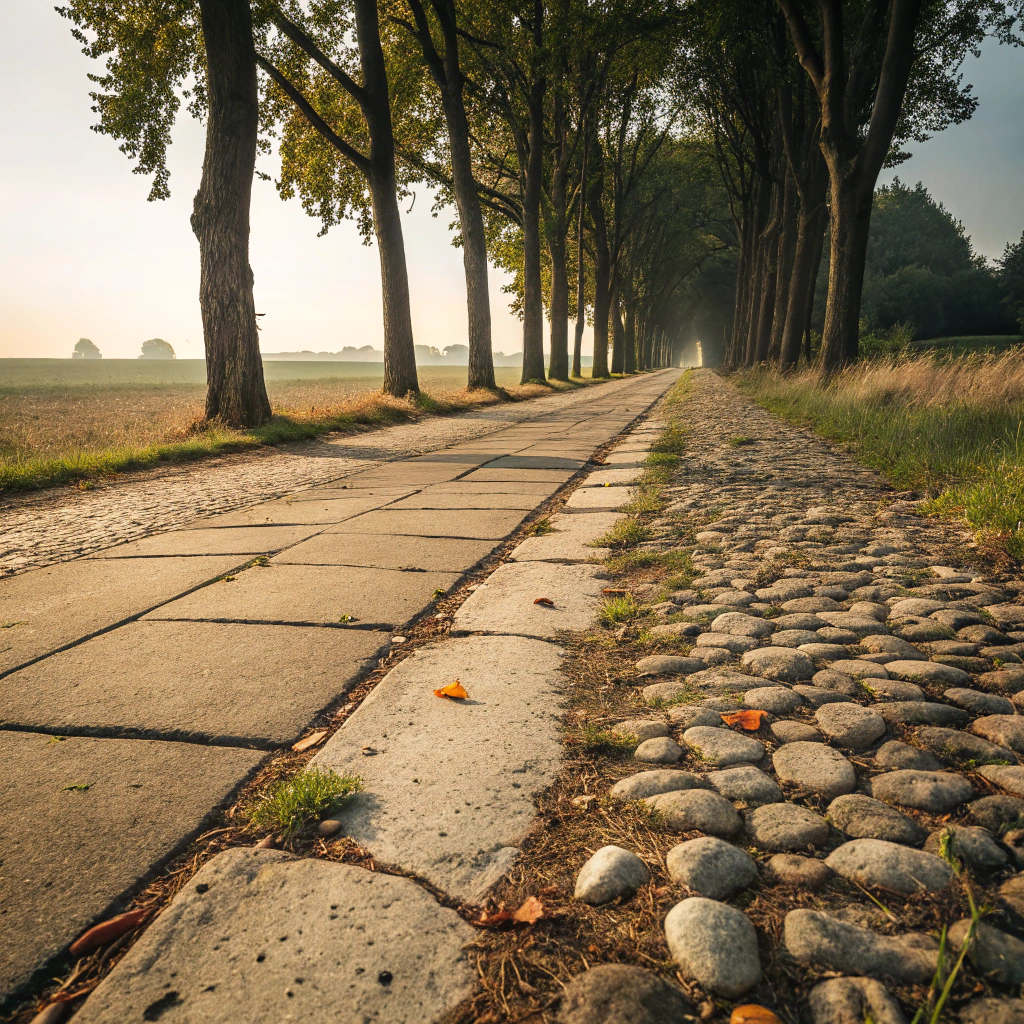 AI generated image by Red Panda AI: Vista vertical de un camino rural con pavimento desgastado y secciones cubiertas de piedras. Al lado derecho, una banqueta rústica hecha de concreto agrietado, con árboles altos y frondosos alineados detrás. La perspectiva muestra el camino extendiéndose hacia el horizonte, con un ligero desenfoque Para simular movimiento. Pequeñas hojas y piedras están esparcidas por el suelo, y la iluminación natural es cálida, evocando un ambiente tranquilo y campestre.