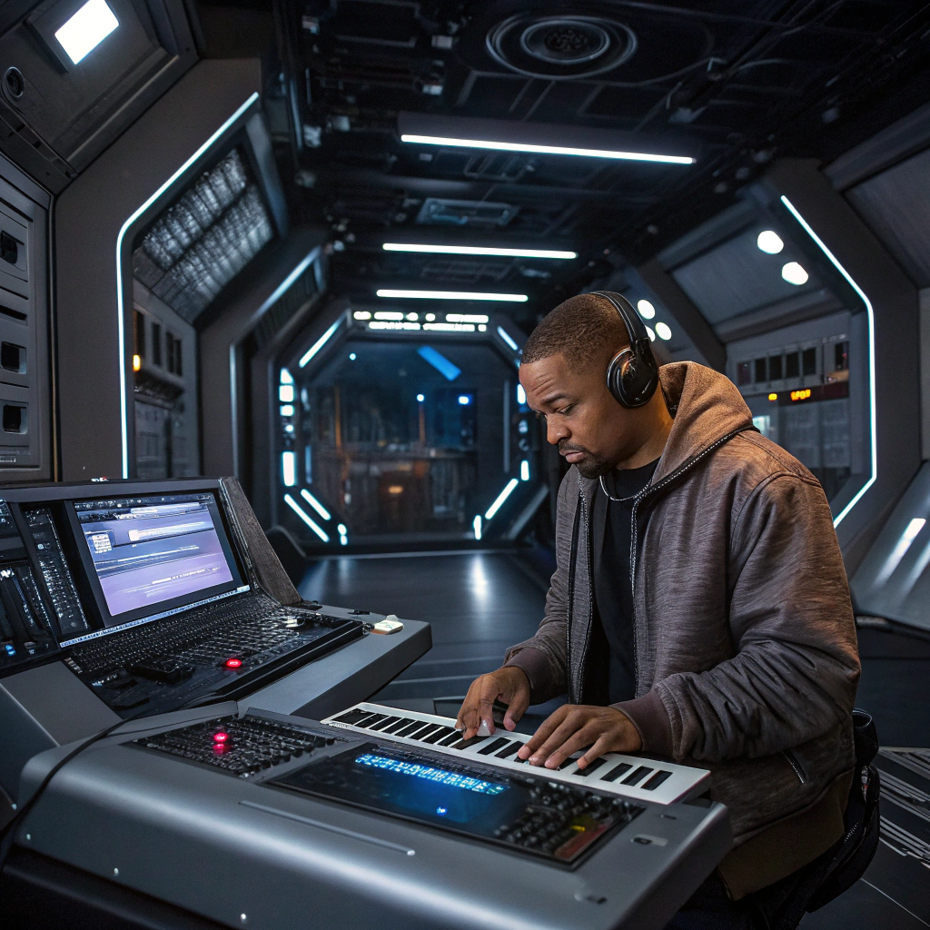 AI generated image by FLUX.1-schnell: A music producer of light brown skin complexion, creating music in a futuristic space station