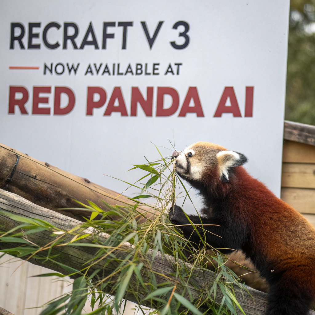 AI generated image by Red Panda AI: a red panda eating a bamboo in front of a poster that says "recraft V3 now available at red panda ai
