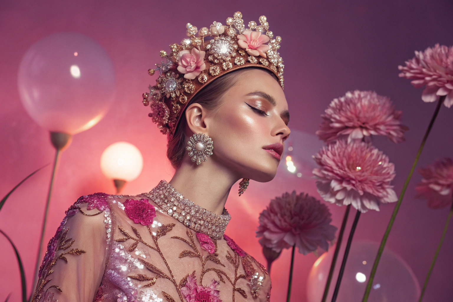AI generated image by Red Panda AI: High-fashion fantasy portrait, ultra-high detail, centered on a woman with extravagant jewel-encrusted headdress, metallic pink and rose-gold tones, luxurious textured fabric gown with intricate floral patterns, embellished with crystal and pearl accents, surreal floral arrangement in the background with glowing elements, soft yet vibrant lighting focusing on face and headdress, dramatic, sophisticated look, cosmic elegance with soft pink and magenta gradients in the background. The expression is confident and serene, emphasizing the opulent, otherworldly beauty.