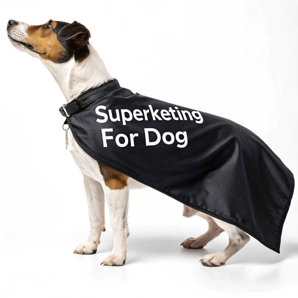 AI generated image by Red Panda AI: una capa de super heroe realista color negro conletras blancas que dise superketing para perro que esta parado en 2 para su lado izquiero

