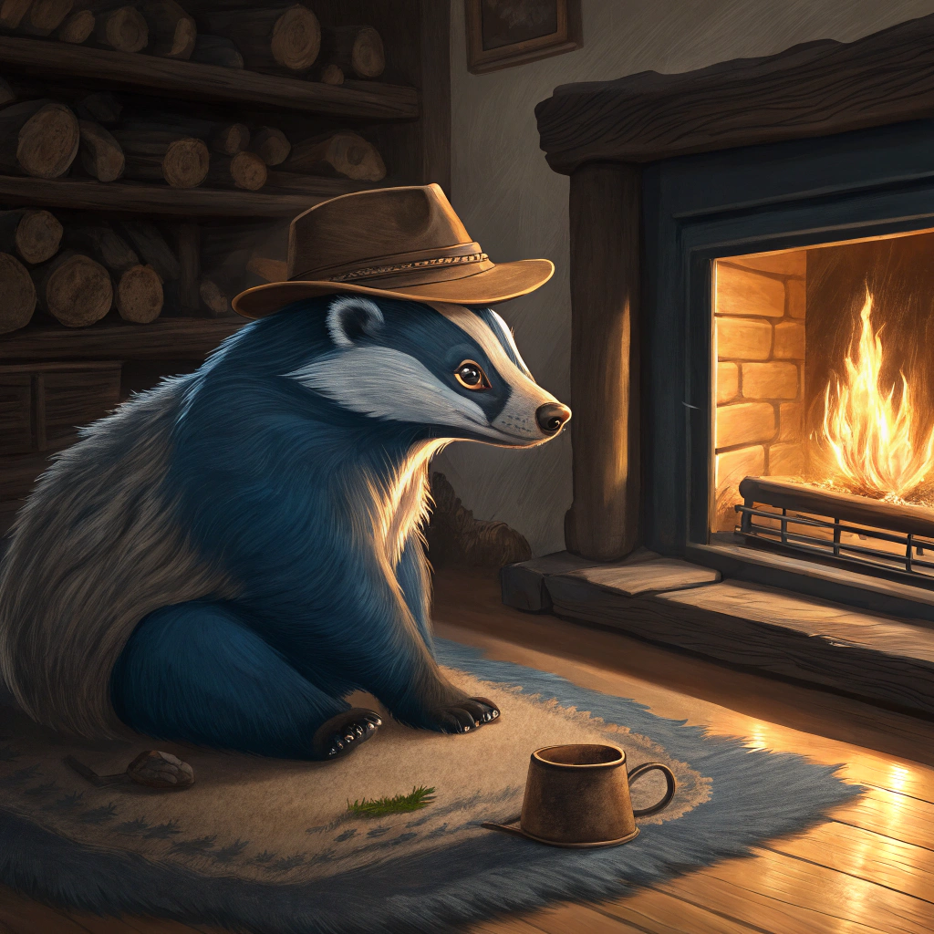 AI generated image by Red Panda AI: generate realistic a picture of a blue badger wearing a brown hat sitting by the fireplace