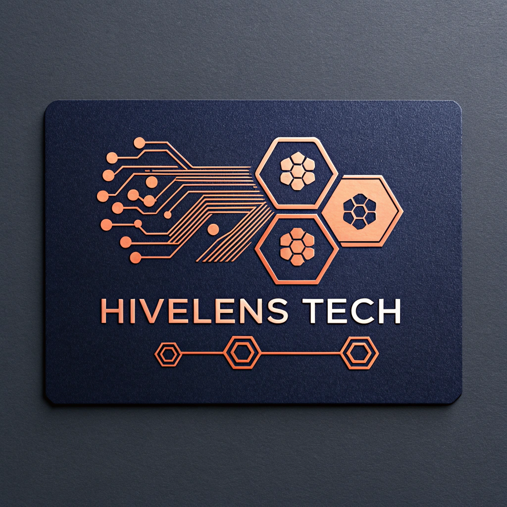 AI generated image by Red Panda AI: Diseña un logotipo moderno y profesional para una empresa tecnológica llamada 'HiveLens Tech'. Usa una paleta de colores serios pero poco comunes: azul petróleo como base, con acentos en cobre metálico y naranja quemado. Incluye formas geométricas estilizadas como hexágonos y Líneas de circuitos para representar tecnología e interconexión. El diseño debe transmitir innovación y exclusividad, con un acabado elegante y minimalista. Fondo en un gris oscuro con subtonos púrpura, detalles brillantes y texturas metálicas. limpia, geométrica y futurista, integrada de manera armoniosa con los elementos gráficos